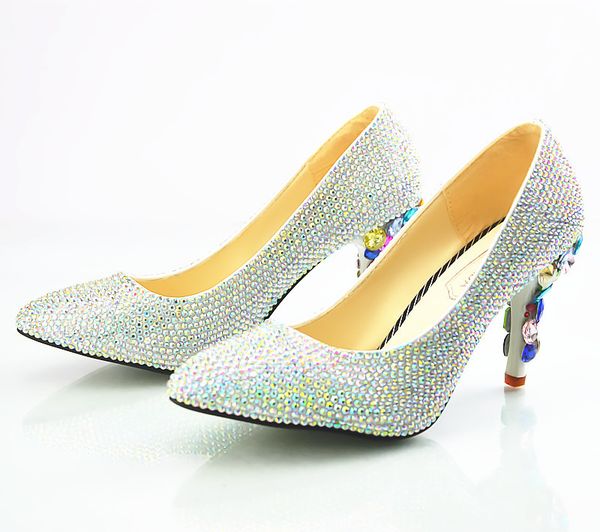 

new beautiful crystal wedding shoes women pumps pointed toe multi rhinestone l high heels wedding shoes handmade lady dress heels plus size, Black