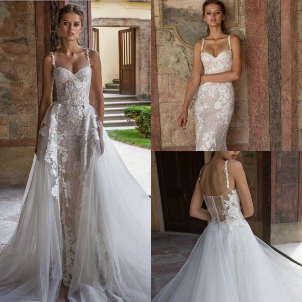 

helena kolan wedding dresses spaghetti sweetheart lace applique bridal gowns illusion backless wedding dress with detachable train, White