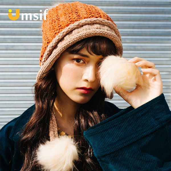

2018 new women's winter mixed color knitted beanie hats with pompoms female warm thicken fleece skullies & beanies hat for women
