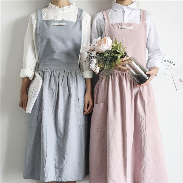 

korean style light blue/pink/green/grey cotton linen female apron painting garden restaurant coffee shop overalls apron