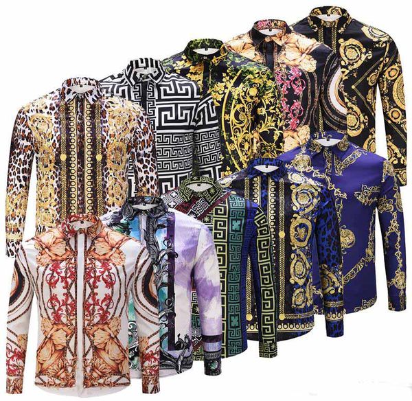 

Spring Autumn winter Harajuku Medusa gold chain Dog Rose print shirts Fashion Retro floral sweater Men long sleeve tops shirts