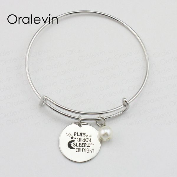 

play all day sleep all night inspirational hand stamped engraved custom pendant wire bracelet bangle jewelry,10pcs/lot, #ln1835b, Black