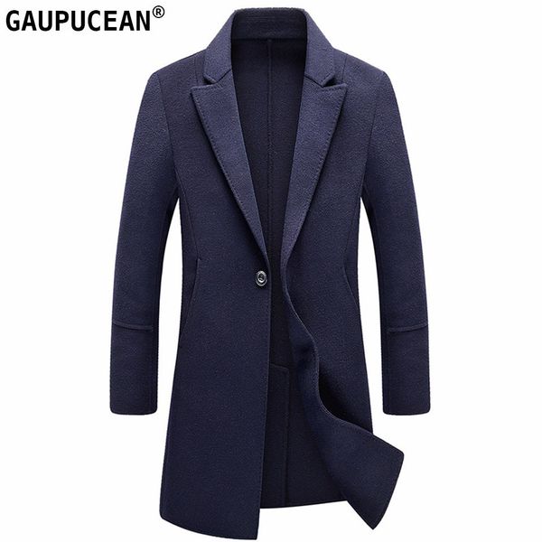 

men wool coat 70% wool 30% polyester luxury one button slim formal autumn winter male long man woolen overcoat, Black