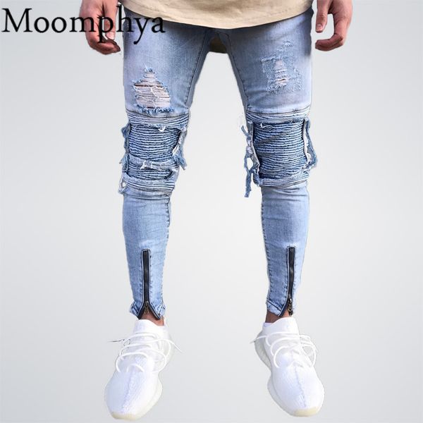 

2018 new men ripped distressed holes jeans zip skinny biker jeans with pleated patchwork slim fit hip hop blue