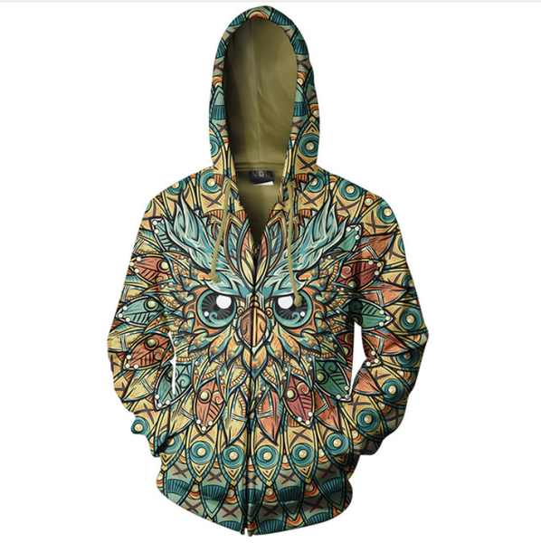 

wholesale- fashion womens/mens animal owl funny 3d print zipper jumper sweatshirt hoodies ll07, Black;brown