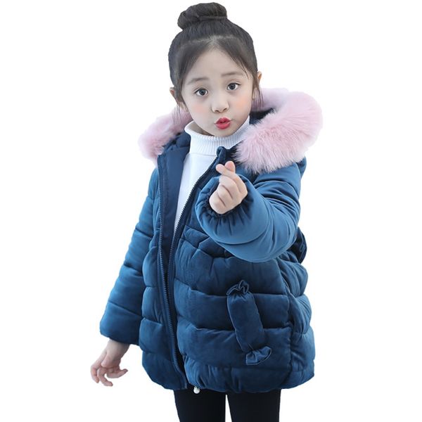 

girls christmas winter coat cotton padded jacket children winter zippe kids coat ears pretty thick fur collar jacket girls, Blue;gray