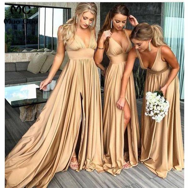 Gold Side Split Brautjungfernkleider Günstige 2019 Sexy tiefer V-Ausschnitt rückenfrei einfache Taft Brautkleider für Gäste Brautpartykleid