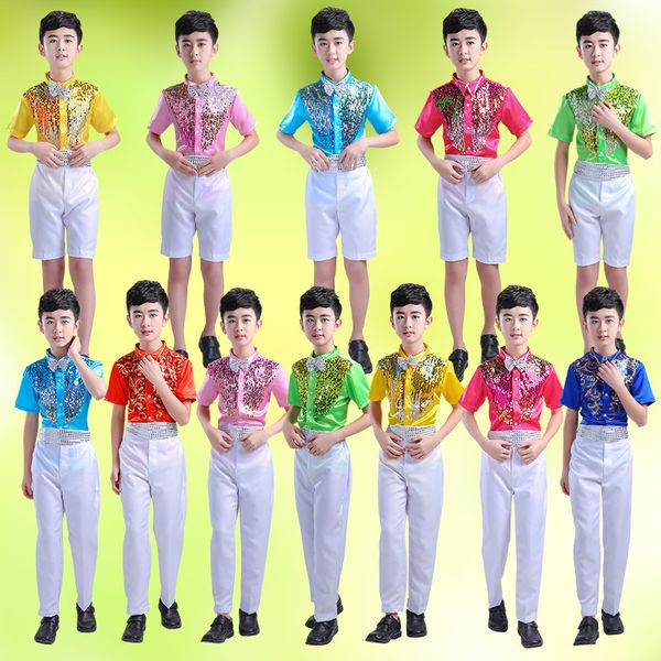 110-170 см 2 шт. Детские характеристики Латинские танцевальные костюмы 7 цветов мальчиков блестки галстук бабочки Футболка брюки шорты для девочек одежда