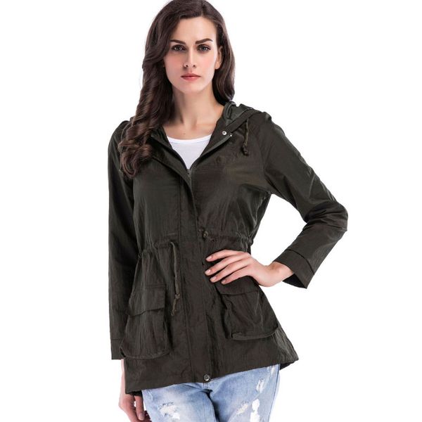 

autumn women trench coat with hood 2018 lightweight army green drawstring dual pockets hooded windbreaker trench outerwear coats, Tan;black