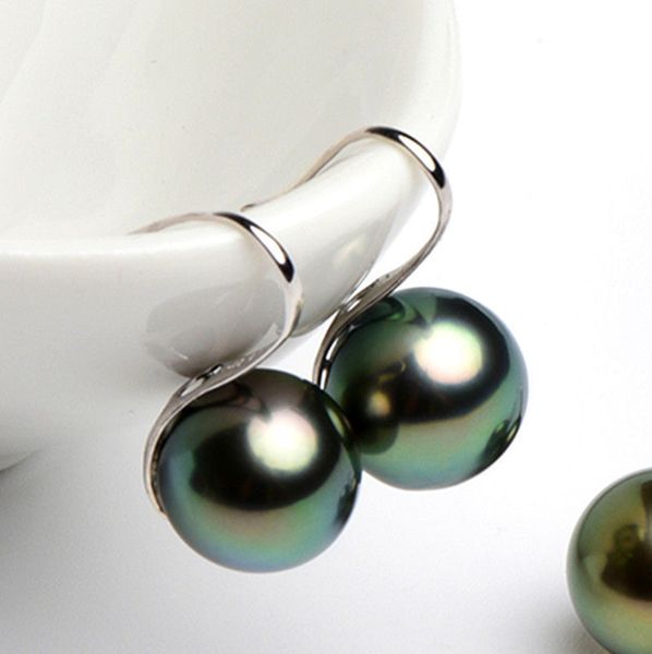 

12mm tahitian black south sea shell pearl silver hook dangle earrings