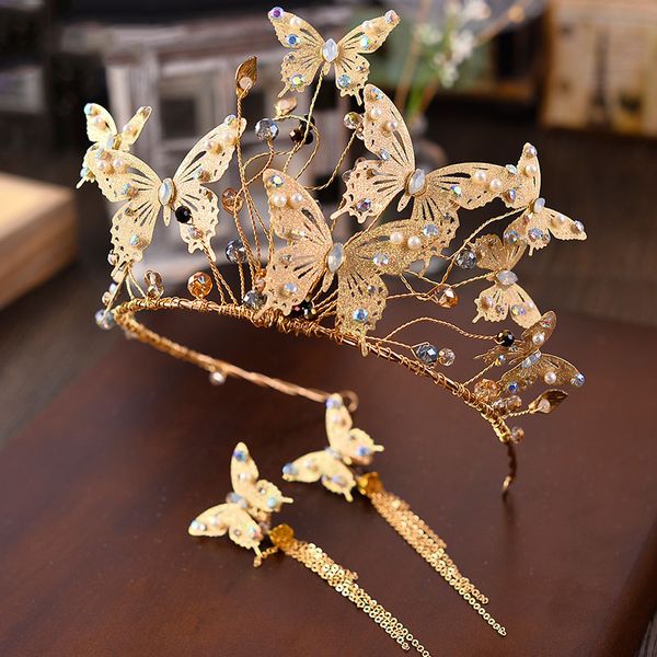 

baroque gold metal butterfly headband hairband gold crown tiara wedding hair accessories bridal vintage head jewelry headdress, Golden;white