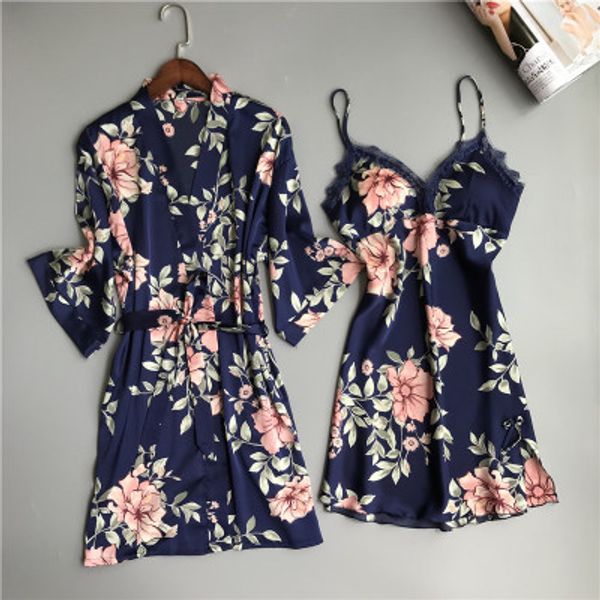 

two piece women's pajamas silk dress and robe gown set floral bathrobe lingerie femme nightdress kimono sleepwear home suit, Black;red
