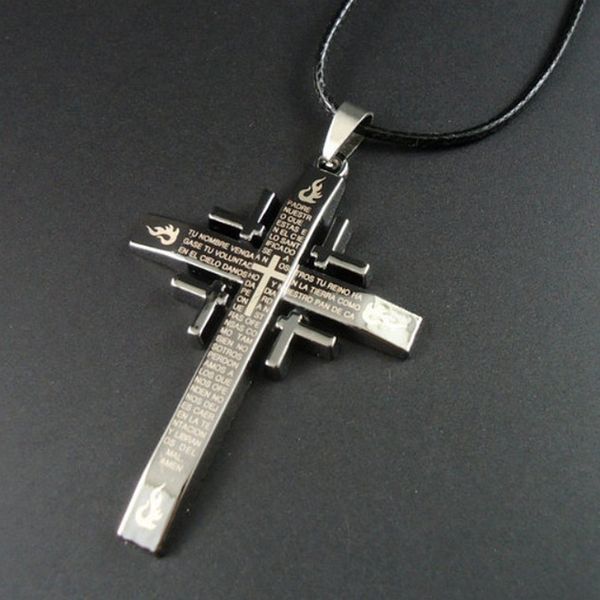 

Hot 10pcs / lot Men's necklace Bible cross Charm Antique silver Fashion Pendant Leather rope Necklace