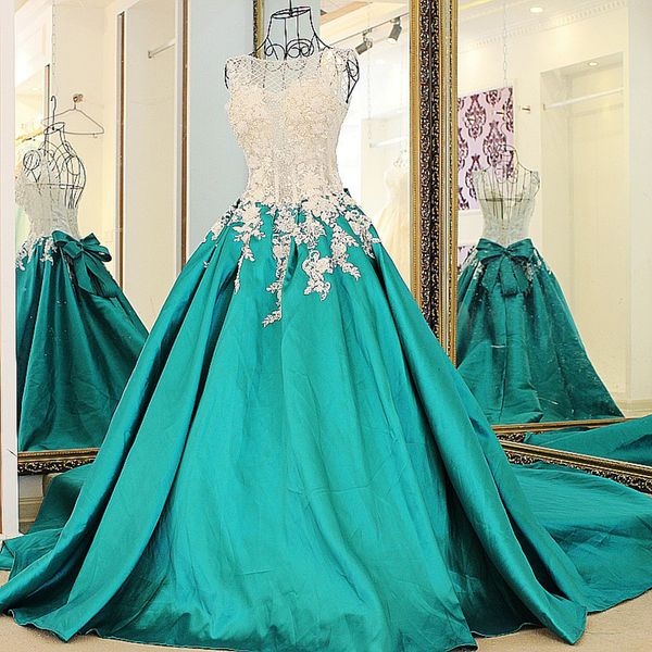 

2019 emerald green elegant evening dresses puffy o-neck appliques lace-up back tank sleeve princess party formal evening dress elegant, Black;red
