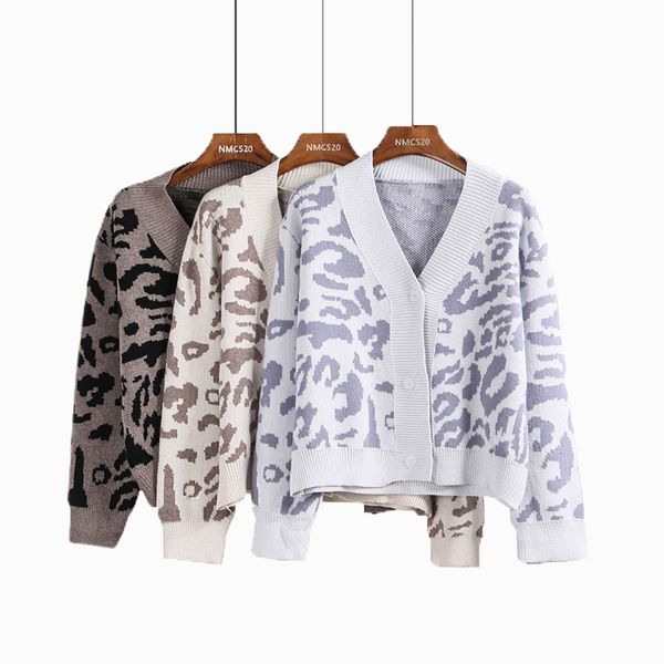 

vintage leopard v-neck knitted cardigans women buttons loose short print female cardigans coat autumn winter warm, White;black