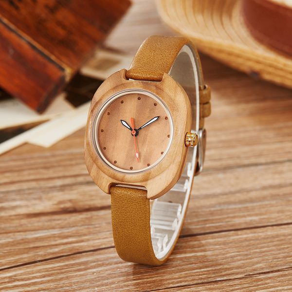 

women wood watch ladies quartz analog wristwatch wooden case leather strap women clock gifts reloj de mujer de made, Slivery;brown