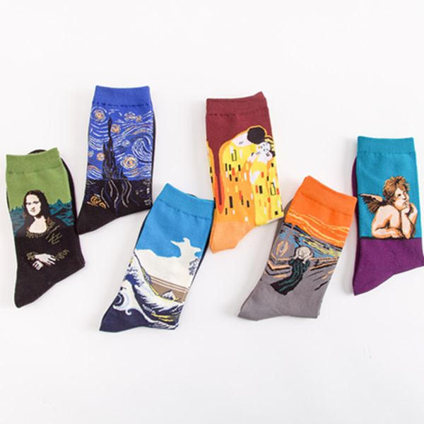 

men's medium tube socks crazy oil painting series male cotton sock swholesale, Black;white