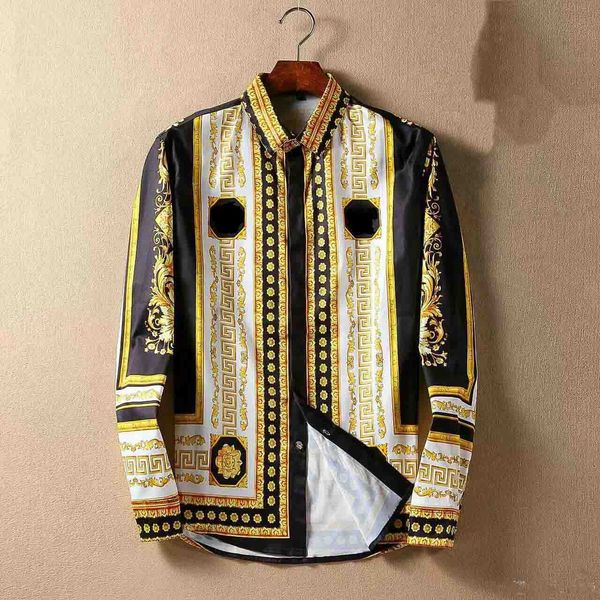 

2018 newest Europe fashion Wave of men 3D Floral Print casual shirt Slim Fit Business Silk Shirt Long sleeve male Medusa Shirts 2XL