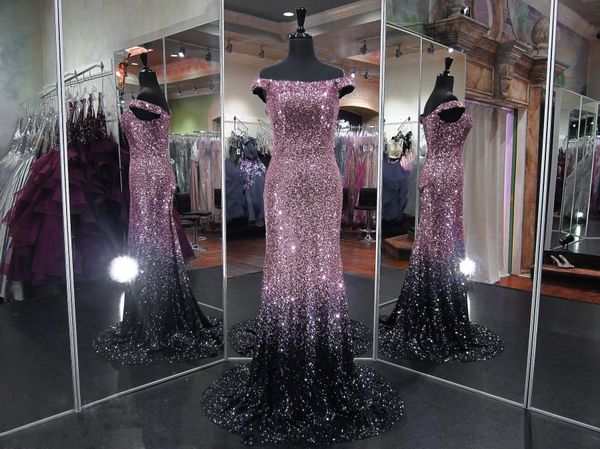 

2018 bateau neck off the shoulder sequined mermaid long evening dresses gradient color sweep train formal party prom dresses, Black;red