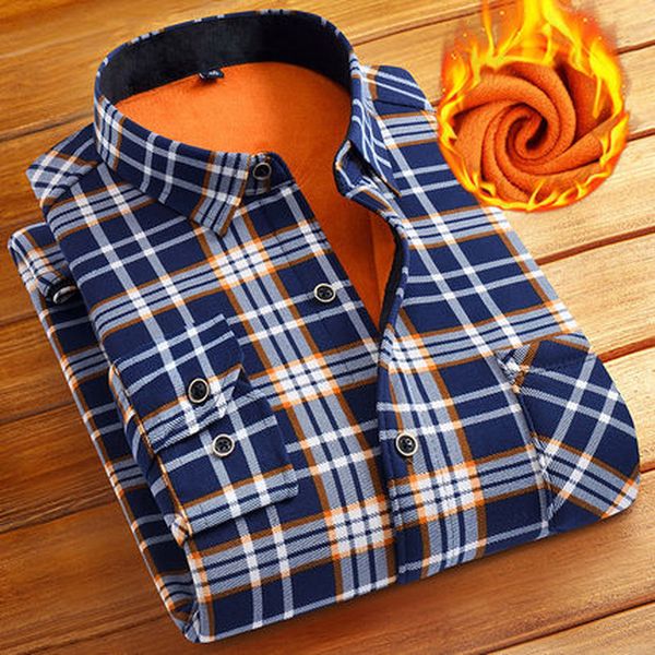 Fashion Men Winter Warm Flannel Plaid Dress Shirts Cotton Long Sleeve Men Work Shirts  Casual Slim Fit Camisa Social