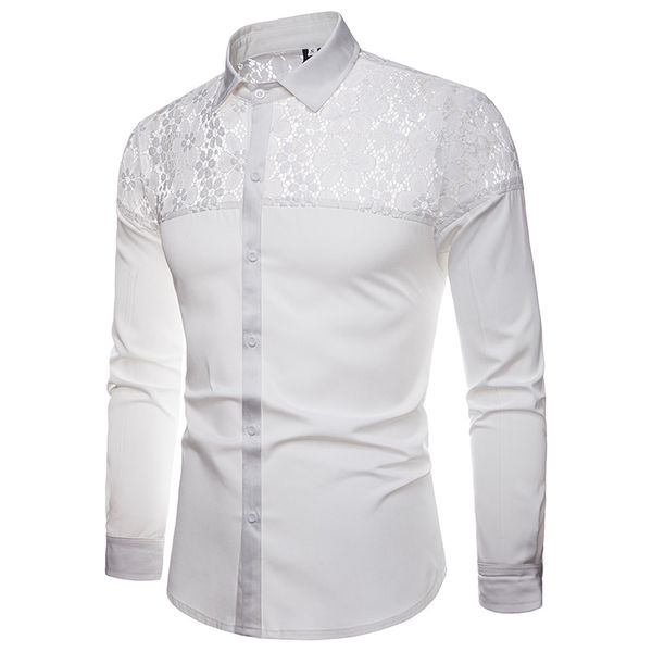 

mens shirts long sleeve 2018 autumn new fashion slim fit lace shoulder mens business shirts camisa masculina, White;black