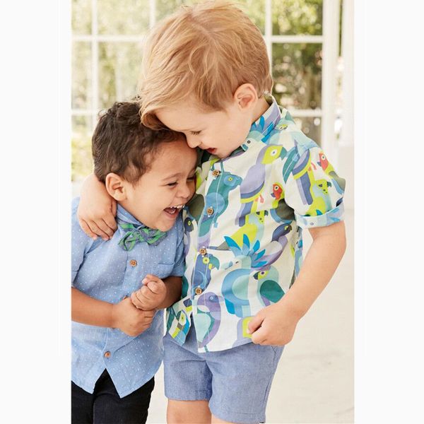 

новый джентльмен дети мальчик одежда наборы 100%хлопок с коротким рукавом отложным воротником попугаи печати или цветок мальчик рубашка + бр, White