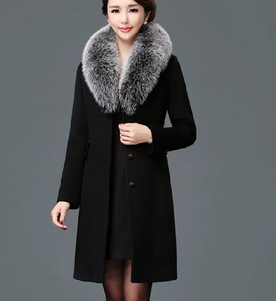 

women woolen coat long sleeve faux fur collar pockets slim fit luxury woolen coat, Black