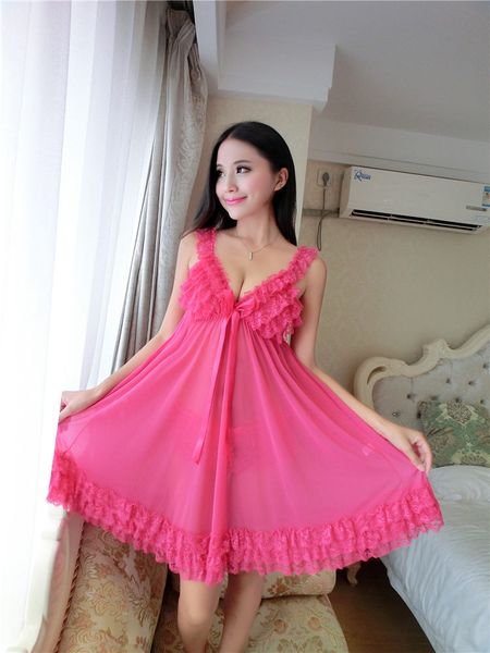 

2018new style women's lingerie v-neck lace sleepwear plus size women's babydoll underwear intimate nightgown 4colors, Black;red