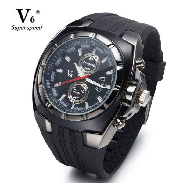 

v6 watch big round dial black silicone quartz analog design men sport watch male sports wristwatch 3 colors mascuion relojes, Slivery;brown