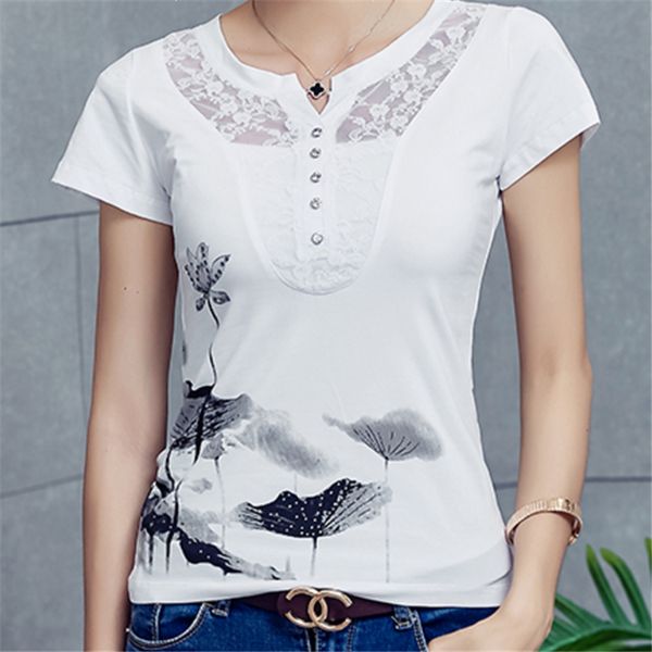 

t-shirts with rhinestones for women summer women's v-neck short-sleeved rhinestone tshirt lace hollow poleras de mujer, White