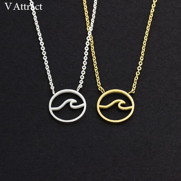 

v attract collares largos de moda 2018 summer style sea wave charm necklace beach jewelry stainless steel circle pendant choker, Silver