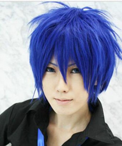 

vocaloid kaito magnet short blue cosplay party wig hair, Black;brown