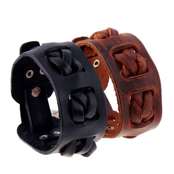 Retro Punk Unisex couro trançado Cuff pulseira larga Bangle Pulseira preto e Brown Jóias ajustável presentes para mulheres atacado Mens