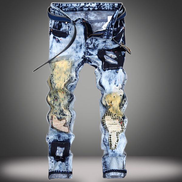 Jeans da uomo con schizzi d'inchiostro e foro dritto, auto-coltivazione, pantaloni da uomo con toppe abbinate ai colori vecchi, taglie forti