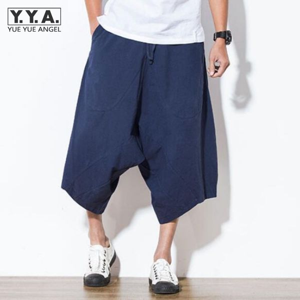 

japan harajuku loose mens capri pants linen cotton haren pants wide leg comfort mens short trousers casual male short beachwear, Black