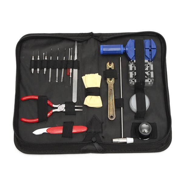 Kit de ferramentas para reparo de relógio, 19 unidades, abridor de relógio, removedor de link, conjunto de ferramentas de barra de mola com saco de armazenamento resistente à água preto, novo