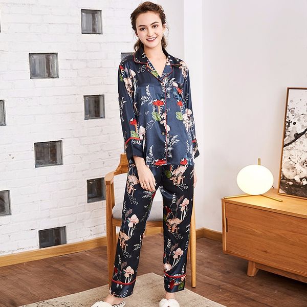 

spinning silk pajamas women spring long-sleeved trousers home service two-piece suit3, Black;red