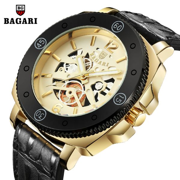 

bagari men sports square quartz gold watch leather mens watches sport wristwatch male waterproof clock, Slivery;brown