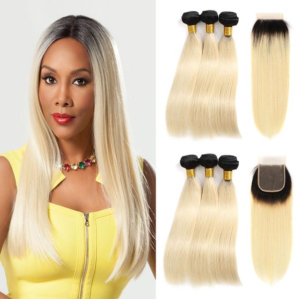 

straight ombre blonde 4x4 part lace closure with 3 bundles 1b/613 two tone bundles with closure brazilian virgin human hair weaves, Black;brown