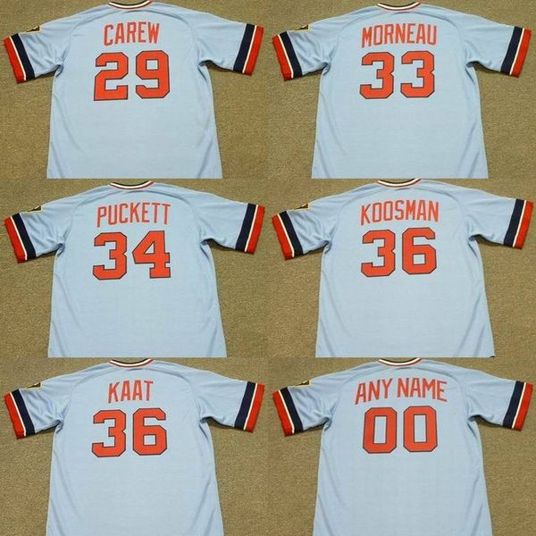 

men minnesota 29 rod carew 33 justin morneau 34 kirby puckett 36 jerry koosman 36 jim kaat baseball jersey 1977, Blue;black