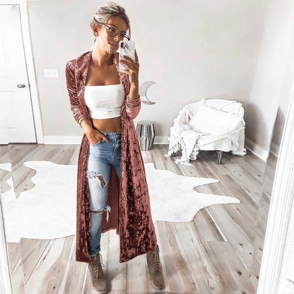 

velvet trench coat autumn winter fashion luxury long coats ladies kimono cardigan plus size warm long trench coat outwear, Tan;black