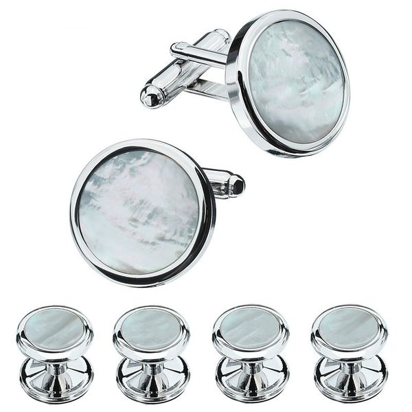 

luxury jewelry mother of pearl mop stone round cufflinks studs set men's accessories business wedding gifts for men, Silver
