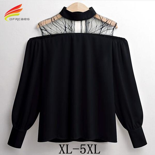 

off shoulder blouses 2018 spring summer long sleeve blouses black white color hollow out mesh plus size 5xl woman blouse
