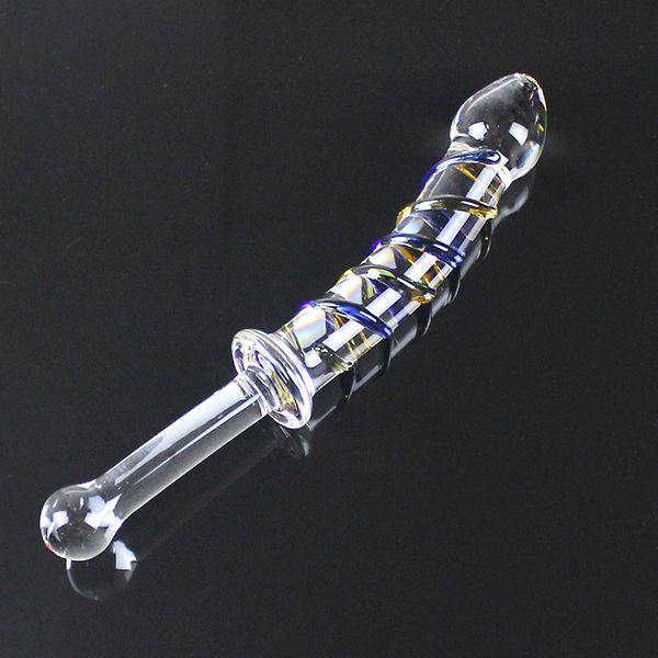 Pênis artificial de vidro pirex grande dildo de vidro pênis de ponta dupla enorme dildo de cristal longo contas anais plug anal produtos sexuais Y18102305