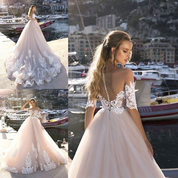 Abiti Tina Valerdi Abiti da sposa trasparenti con applicazioni in pizzo con spalle scoperte Abito da sposa country taglie forti a maniche lunghe