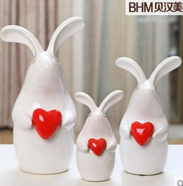 Família de cerâmica branco coelho home decor artesanato decoração do quarto artesanato ornamento porcelana estatuetas de animais decorações
