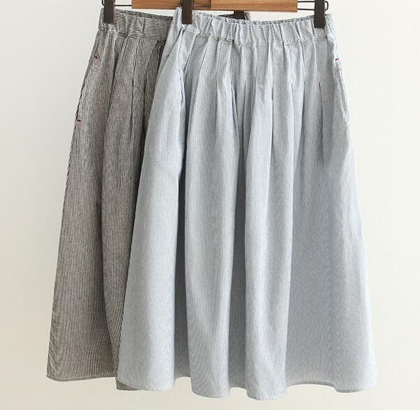 

spring elastic waist stripes linen a-line skirt mori girl, Black