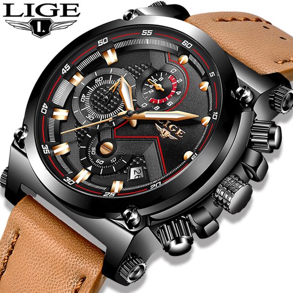

relogio masculino lige mens watches casual quartz watch men leather big dial sport waterproof clock, Slivery;brown