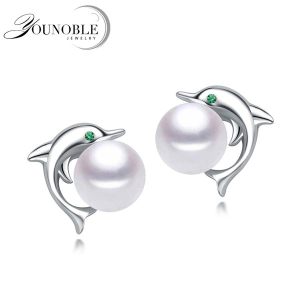 

younoble real 925 silver stud small baby dolphin earrings bridal,natural freshwater pearl earrings for women daughter white gift, Golden;silver