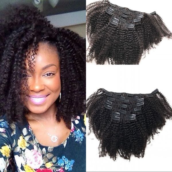 

4a 4b kinky curly clip in human hair extensions for african american 120g 7pcs/set indian hair clip ins fdshine, Black;brown